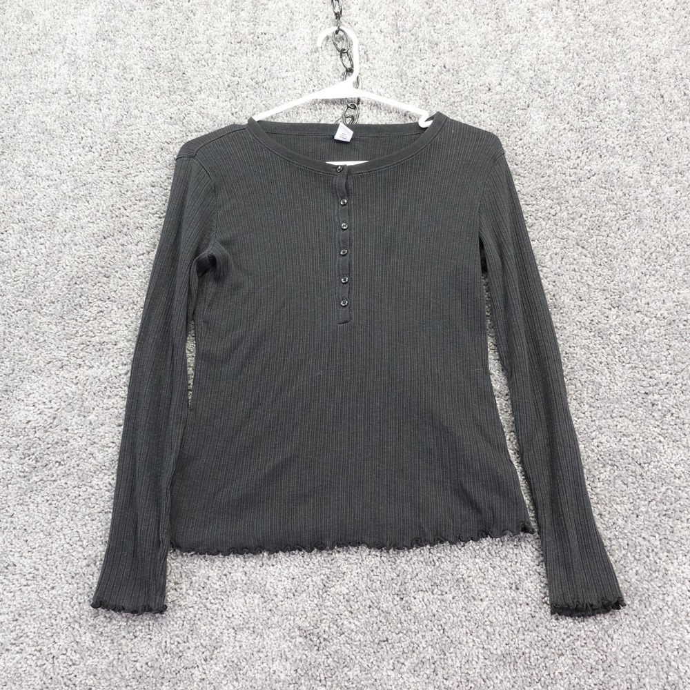 Old Navy Henley Womens Small Black Ribbed Long Sleeve Lettuce Hem Casual Top